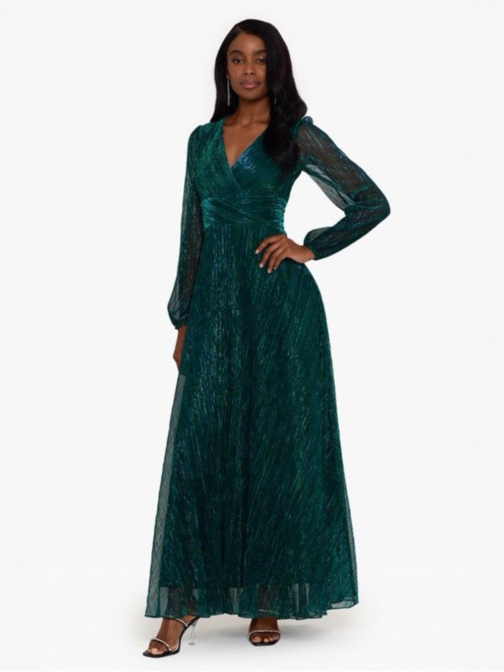 Betsy & Adam Women’s V-Neck Long Sleeve Metallic Shimmer Maxi Dress